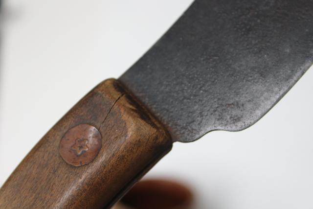 photo of antique forged steel knife w/ curved rocking blade, vintage French kitchen chopper mezzaluna #3