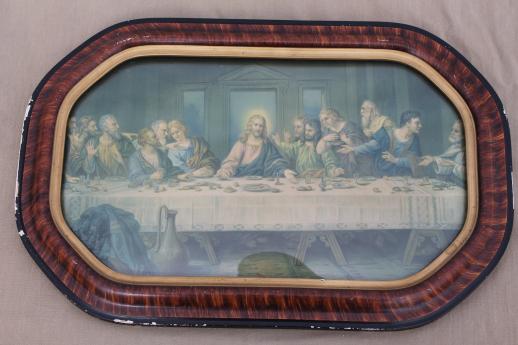 photo of antique framed Last Supper print w/ lovely old convex bubble glass frame #1