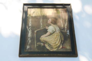 catalog photo of antique framed print Spring Song little girl in the garden, tree w/ bird