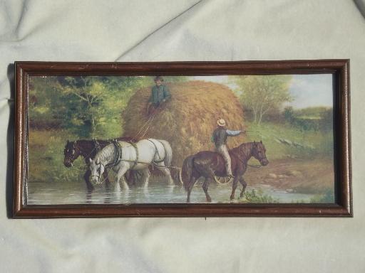 photo of antique framed print - hauling hay, horse drawn wagon haystack pastoral #1