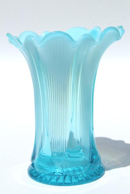 photo of antique french blue opalescent glass vase, vintage Jefferson lined heart pattern glass #1