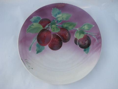 photo of antique french china plate, purple plums fruit artist signed, vintage France #1