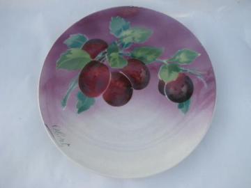 catalog photo of antique french china plate, purple plums fruit artist signed, vintage France