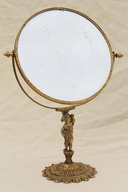 photo of antique french country style vanity mirror w/ bronze gold gilded metal lady figure #1