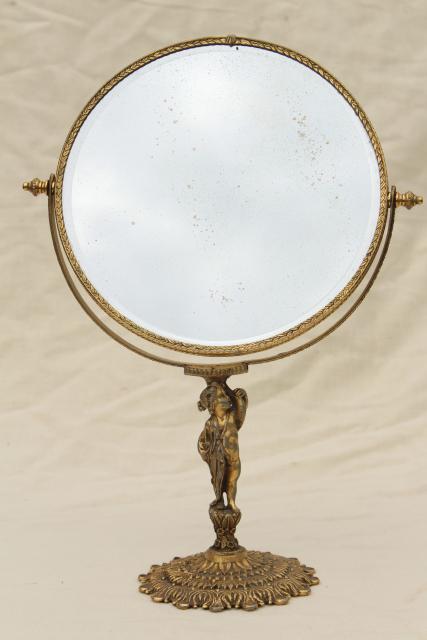 photo of antique french country style vanity mirror w/ bronze gold gilded metal lady figure #6