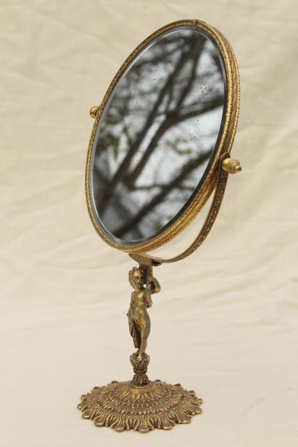 photo of antique french country style vanity mirror w/ bronze gold gilded metal lady figure #7