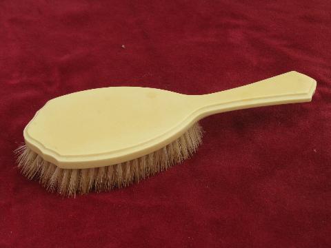 photo of antique french ivory celluloid vintage vanity box, natural bristle brushes #4