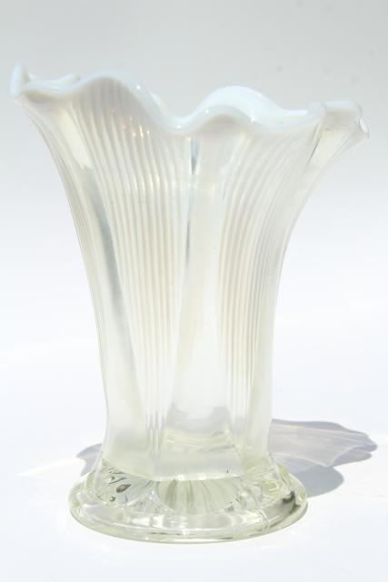 photo of antique french white opalescent glass vase, vintage Jefferson lined heart pattern glass #3
