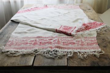 catalog photo of antique fringed linen damask towels w/ turkey red borders, show towel table runners