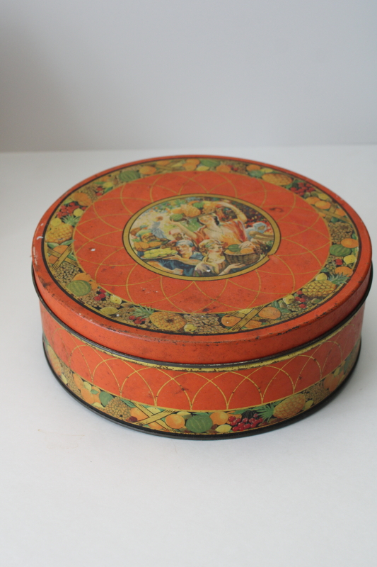 photo of antique fruit cake tin Sunshine biscuits advertising, colorful tin girls w/ tropical fruit  #1