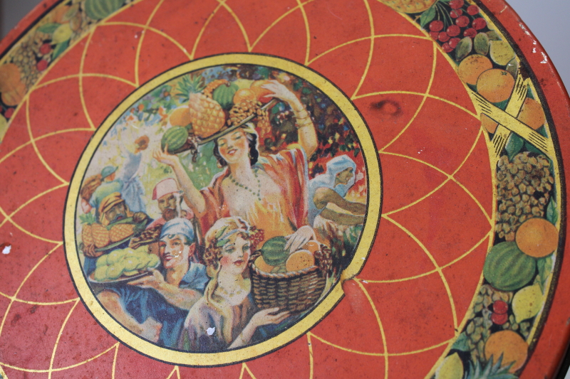 photo of antique fruit cake tin Sunshine biscuits advertising, colorful tin girls w/ tropical fruit  #2