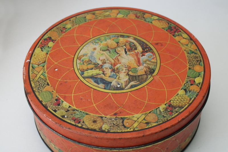 photo of antique fruit cake tin Sunshine biscuits advertising, colorful tin girls w/ tropical fruit  #3