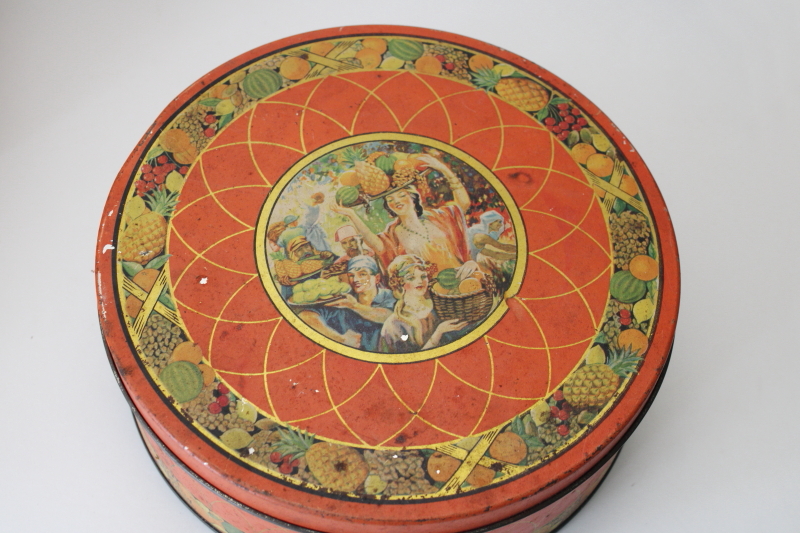 photo of antique fruit cake tin Sunshine biscuits advertising, colorful tin girls w/ tropical fruit  #4