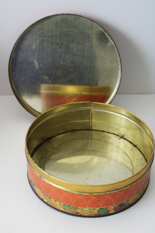 photo of antique fruit cake tin Sunshine biscuits advertising, colorful tin girls w/ tropical fruit  #5