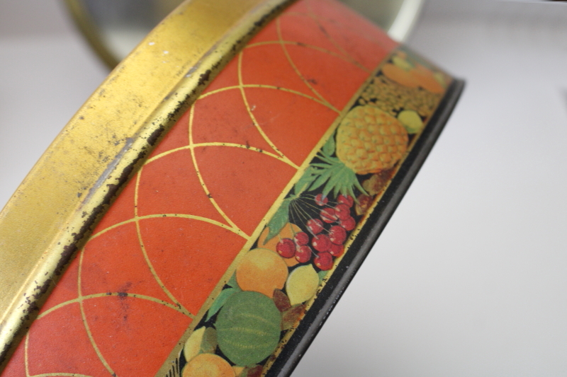 photo of antique fruit cake tin Sunshine biscuits advertising, colorful tin girls w/ tropical fruit  #6