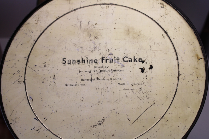 photo of antique fruit cake tin Sunshine biscuits advertising, colorful tin girls w/ tropical fruit  #7