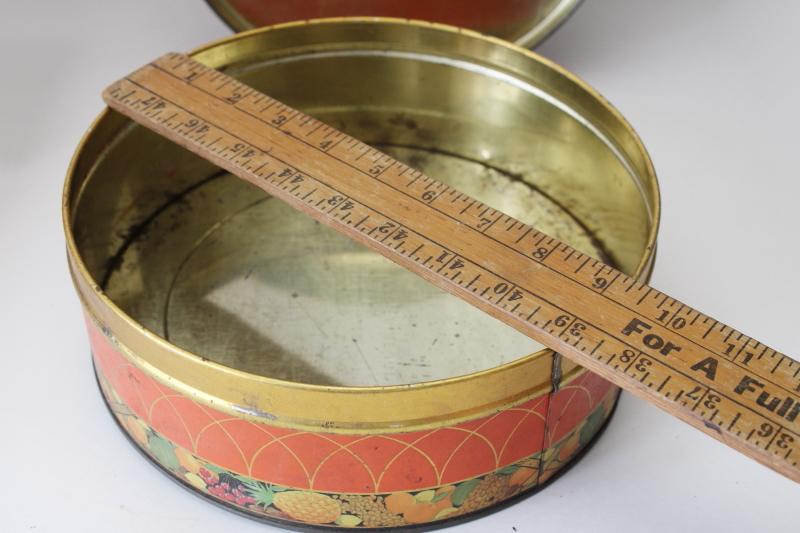 photo of antique fruit cake tin Sunshine biscuits advertising, colorful tin girls w/ tropical fruit  #8