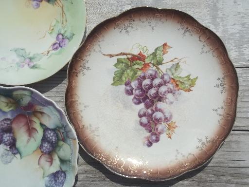 photo of antique fruit plate lot, painted china plates w/ apples, grapes, acorns #7