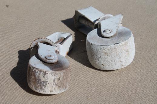 photo of antique furniture casters w/ wood wheels, vintage wooden wheel casters w/ white paint lot of 2 sets #8