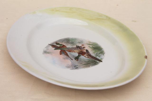 photo of antique game birds china plate w/ flying ducks, shabby old Thanksgiving / Christmas platter #4