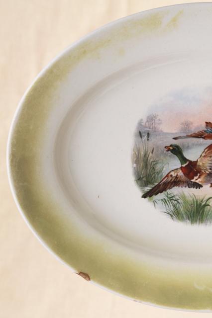 photo of antique game birds china plate w/ flying ducks, shabby old Thanksgiving / Christmas platter #5