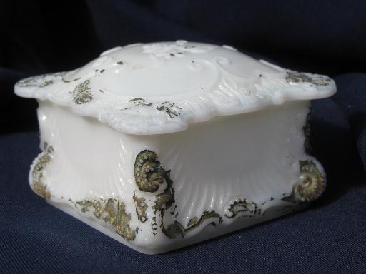 photo of antique gilt edged milk glass, vintage vanity perfume trays, powder box #2