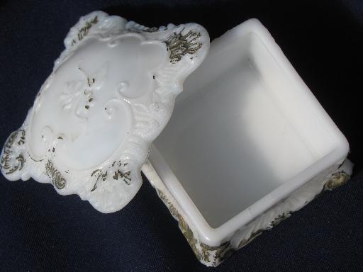 photo of antique gilt edged milk glass, vintage vanity perfume trays, powder box #3