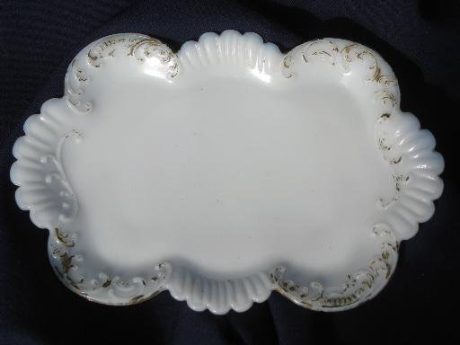 photo of antique gilt edged milk glass, vintage vanity perfume trays, powder box #7