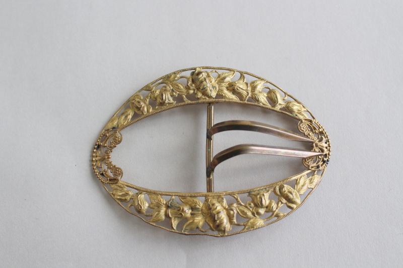 photo of antique gilt gold buckle, repousse metal filgree dress belt or hat ornament #1