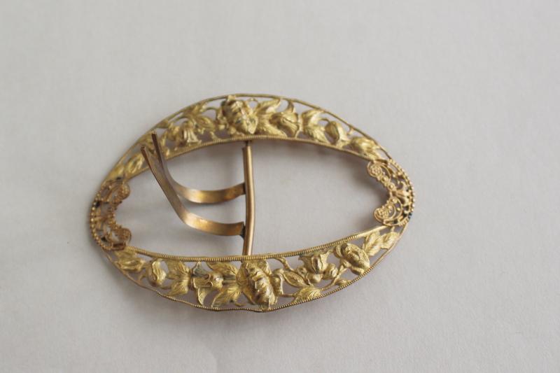 photo of antique gilt gold buckle, repousse metal filgree dress belt or hat ornament #2