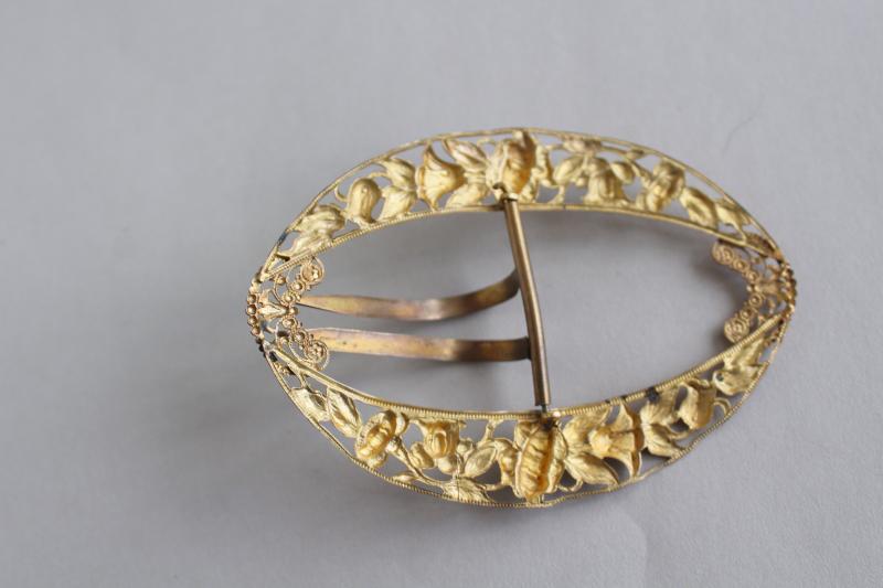 photo of antique gilt gold buckle, repousse metal filgree dress belt or hat ornament #3