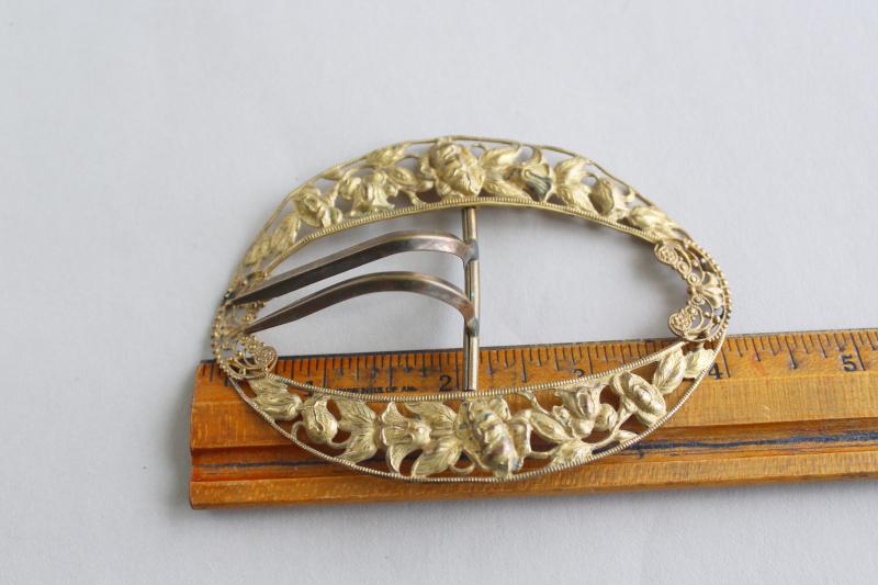 photo of antique gilt gold buckle, repousse metal filgree dress belt or hat ornament #4