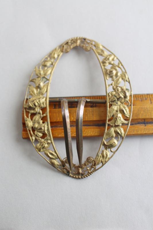 photo of antique gilt gold buckle, repousse metal filgree dress belt or hat ornament #5