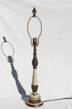 catalog photo of antique gilt metal candlestick lamp w/ slag glass marble base, 1930s vintage electric light