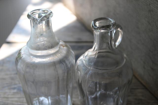 photo of antique glass bottles, early 1900s vintage syrup pitcher, clear glass jug #3