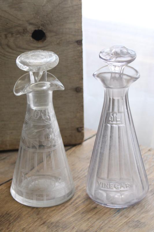 photo of antique glass bottles, oil and vinegar etched glass EAPG cruets vintage 1914 #2