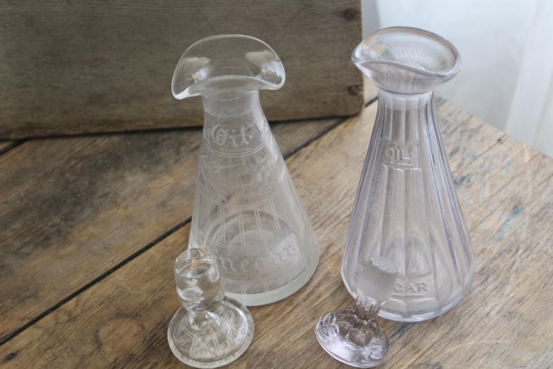 photo of antique glass bottles, oil and vinegar etched glass EAPG cruets vintage 1914 #4