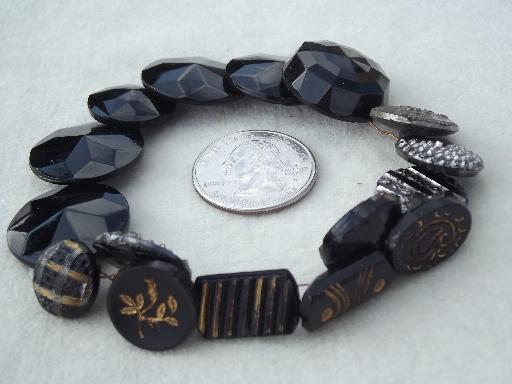 photo of antique glass buttons, art deco vintage jet black button charm string #3