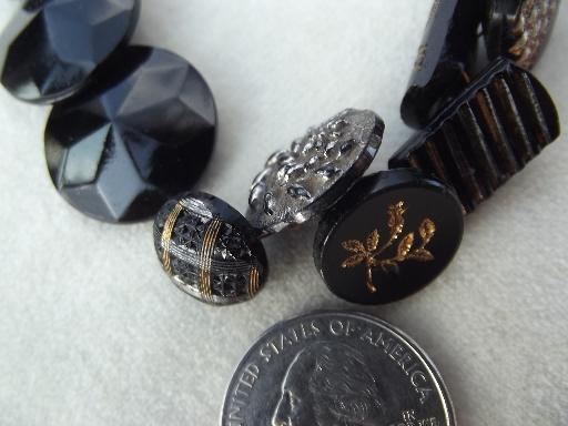 photo of antique glass buttons, art deco vintage jet black button charm string #7