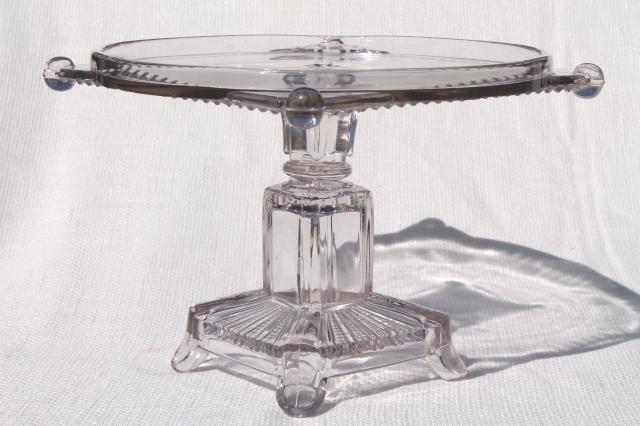 photo of antique glass cake stand, circle in square EAPG vintage early 1900s pedestal plate #6