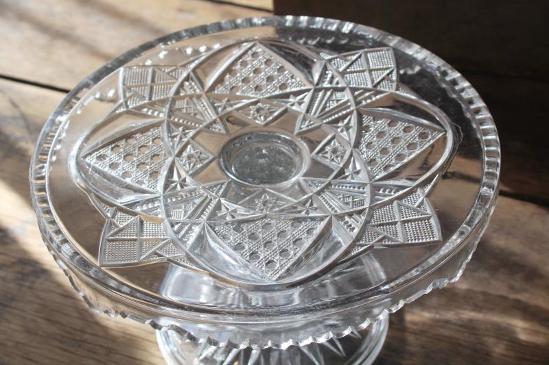 photo of antique glass cake stand, heavy pressed glass McKee sunbeam pattern vintage 1900 #3