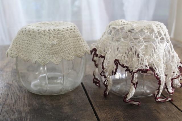 photo of antique glass canister jars, vintage store counter candy barrels w/ crochet lace fly covers #1