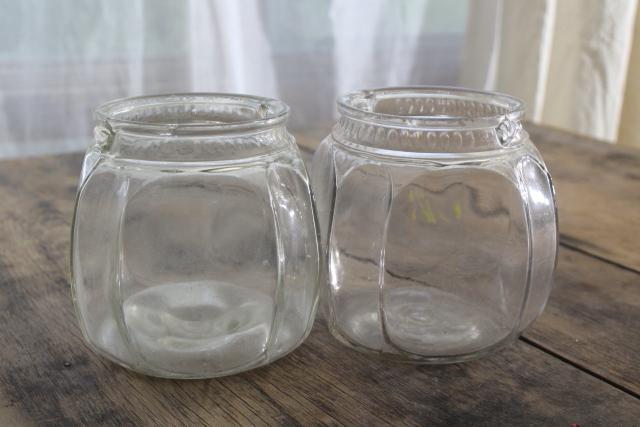 photo of antique glass canister jars, vintage store counter candy barrels w/ crochet lace fly covers #4