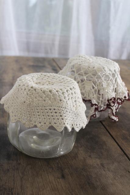 photo of antique glass canister jars, vintage store counter candy barrels w/ crochet lace fly covers #5