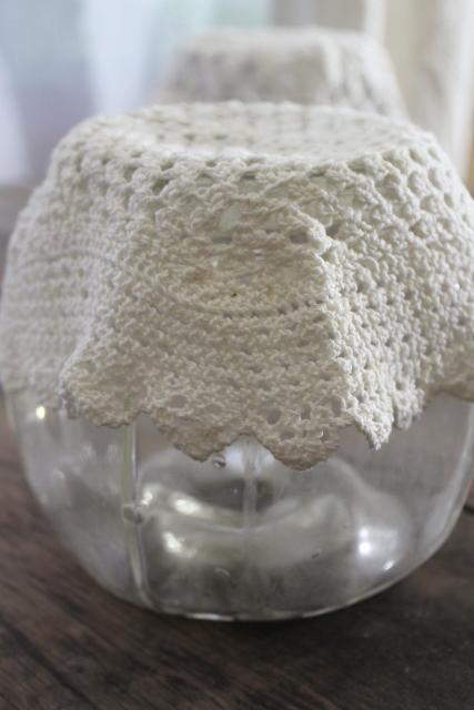 photo of antique glass canister jars, vintage store counter candy barrels w/ crochet lace fly covers #6