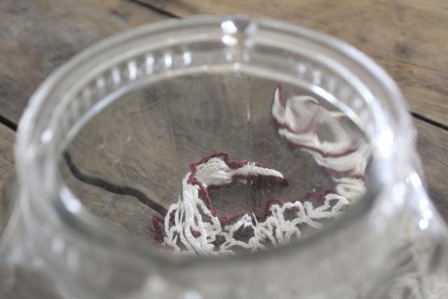 photo of antique glass canister jars, vintage store counter candy barrels w/ crochet lace fly covers #13