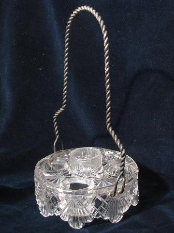 photo of antique glass castor stand bottle holder w/ twisted wire carrier handle #1