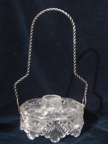 photo of antique glass castor stand bottle holder w/ twisted wire carrier handle #2