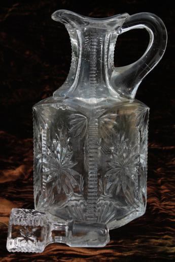 photo of antique glass cruet bottle or syrup jug, EAPG vintage pattern glass pitcher w/ stopper #3