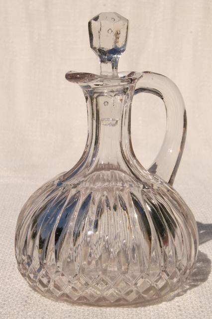 photo of antique glass cruet bottle, pitcher w/ stopper, vintage EAPG pressed pattern glass #1